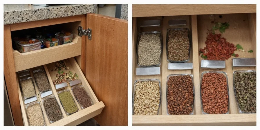 Close-up of a neatly organized spice cabinet