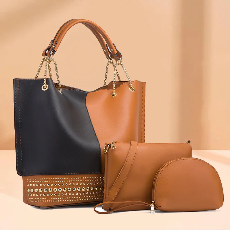 

Custom Large Capacity Rivet Multi Color Luxury 3 in 1 PU Leather Hand Bags Sets Ladies Bags Handbag Set Women Shoulder Luxury