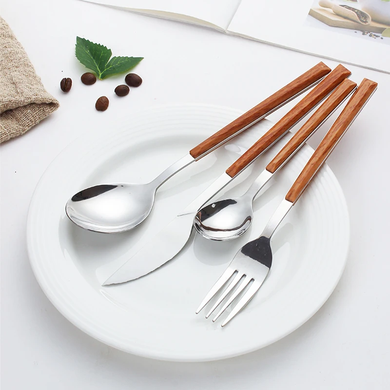

Korean style stainless steel flatware knife fork spoon wooden plastic handle cutlery set, Wooden black grey