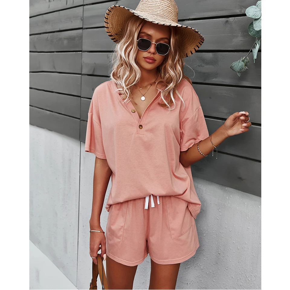 

2021 Summer 2 Piece Set Women's Casual V-neck T-shirts with Shorts Sleepwear Pajamas Sets Women Two Pieces Sweatsuits