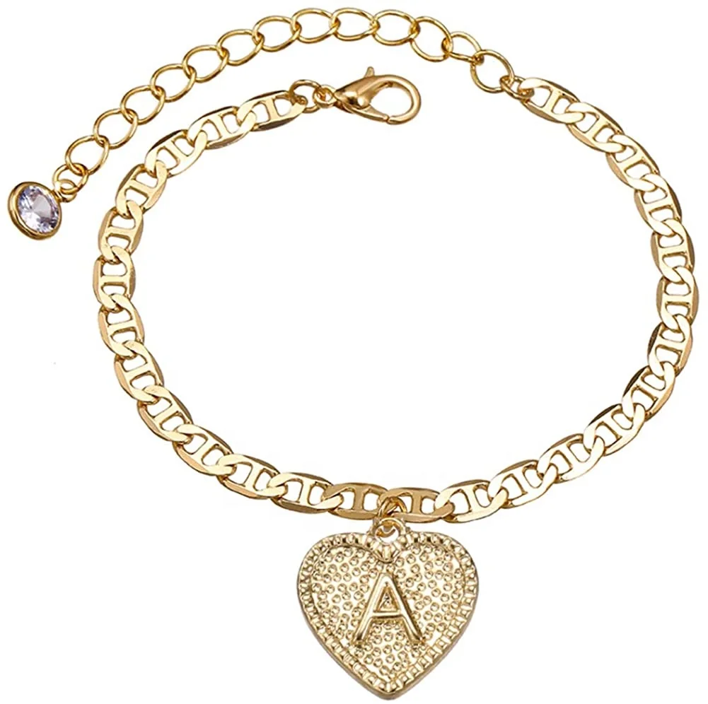 

Heart Initial Bracelets Anklet- 14K Gold Plated Engraved 26 Letters Alphabet Initial Charm Bracelets