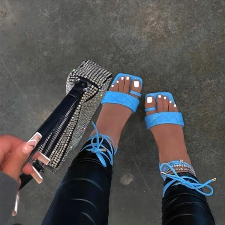 

Fashion Women Sandals Slippers Around Ankle Strap Flats Laces Square Toe Ladies Shoes New Arrival Zapatillas Casa Mujer