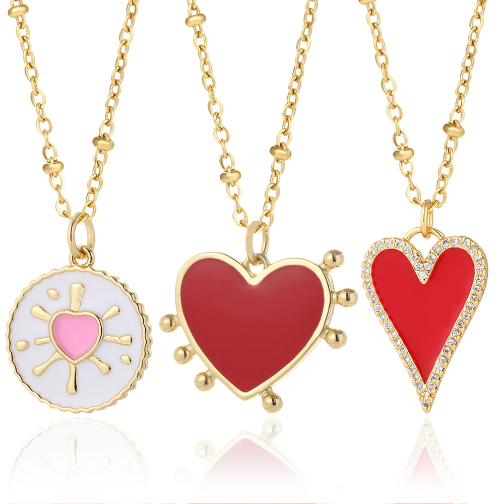 

Non Tarnish 18k Plated Necklace Red Enamel Heart Charm Necklace Cubic Zirconia Accessories Fashion Necklace 2021 Trendy, Gold