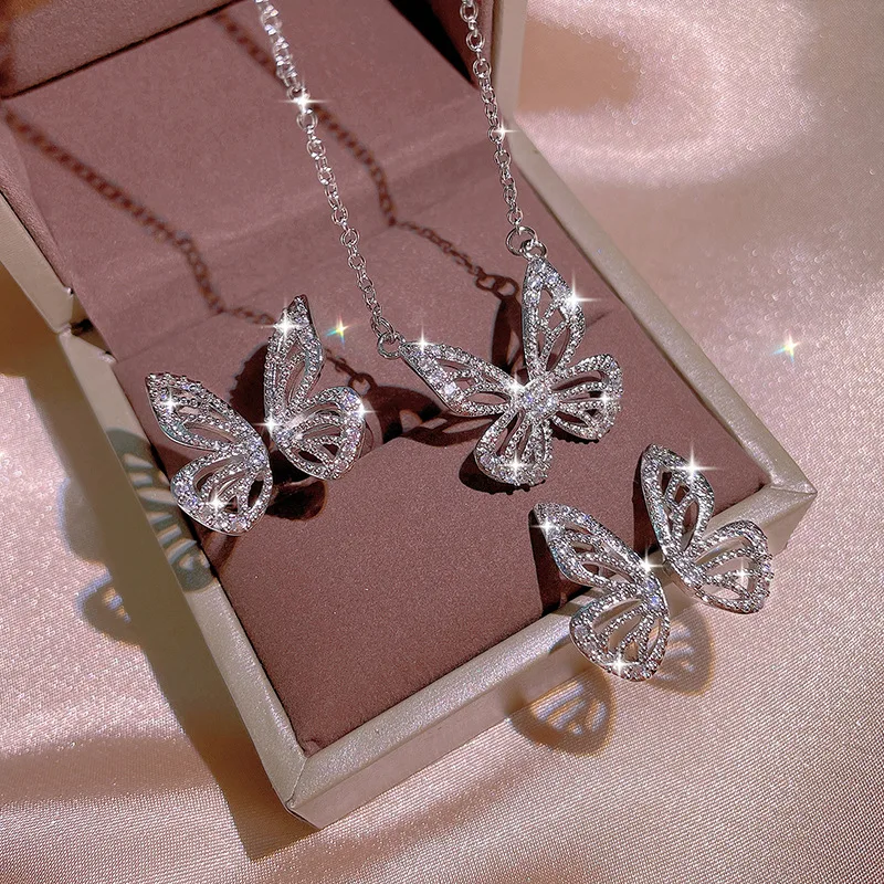 

Fashion Design Iced Crystal CZ Butterfly Earrings Necklace Ring Set Pave Cubic Zirconia Butterflies Earrings Ring Necklace