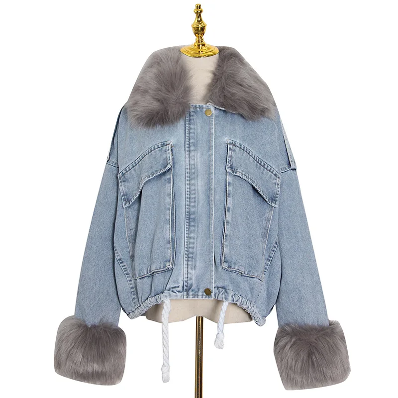 

Hot Sale 2021 New Fashion Jackets Lapel Hairy Detachable Warm Plush Coat Stitching Denim Jacket Women, White/gray/black