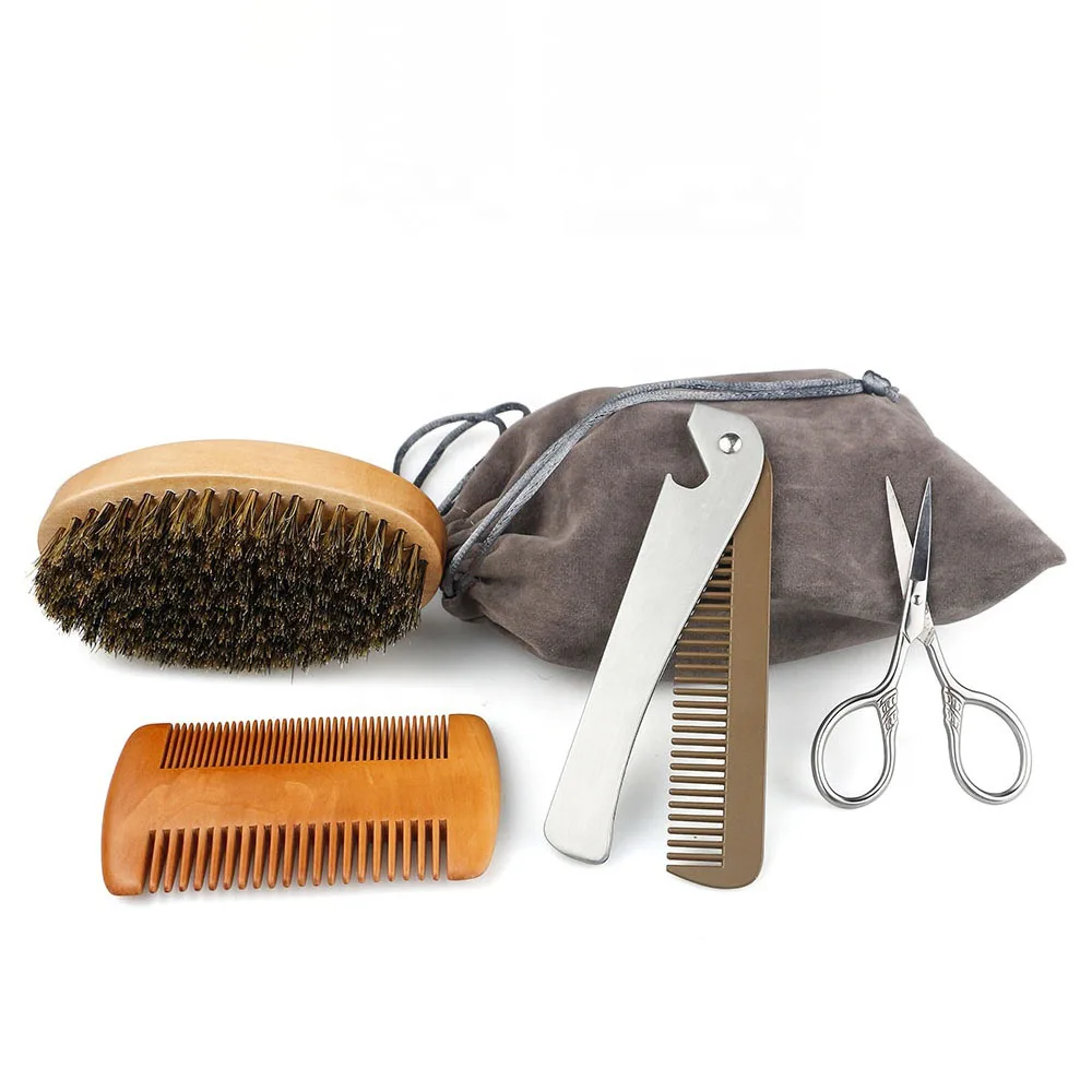 

Metal Mustache Grooming Scissors Folding Comb Wood Beard Care Kit With Bag Custom Beard Hair Brush, Natual