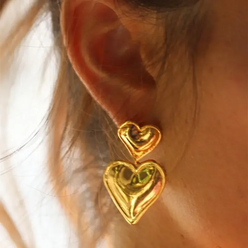 Heart Drop shaped stainless steel Double Heart Statement Dangle Earrings for Women Girls Gold Silver