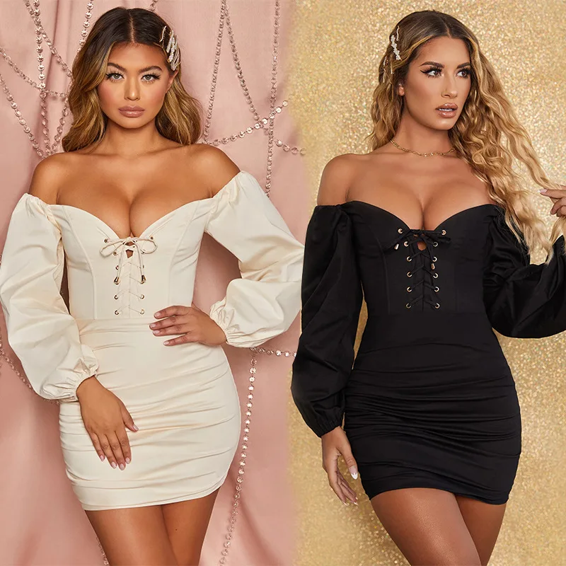 

2021 new arrivals Women's off-shoulder flat-neck pleated chest strap and hip mini dress
