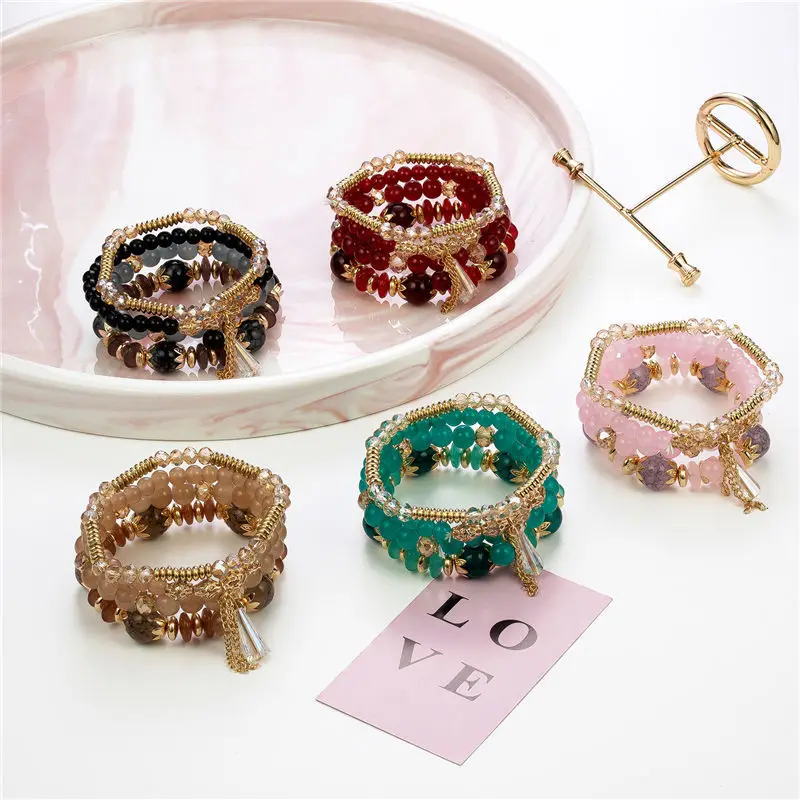 

New Fashion Wholesale Colorful Jewelry Boho Tassel Multilayer Crystal Beads Temperament Bracelet For Women