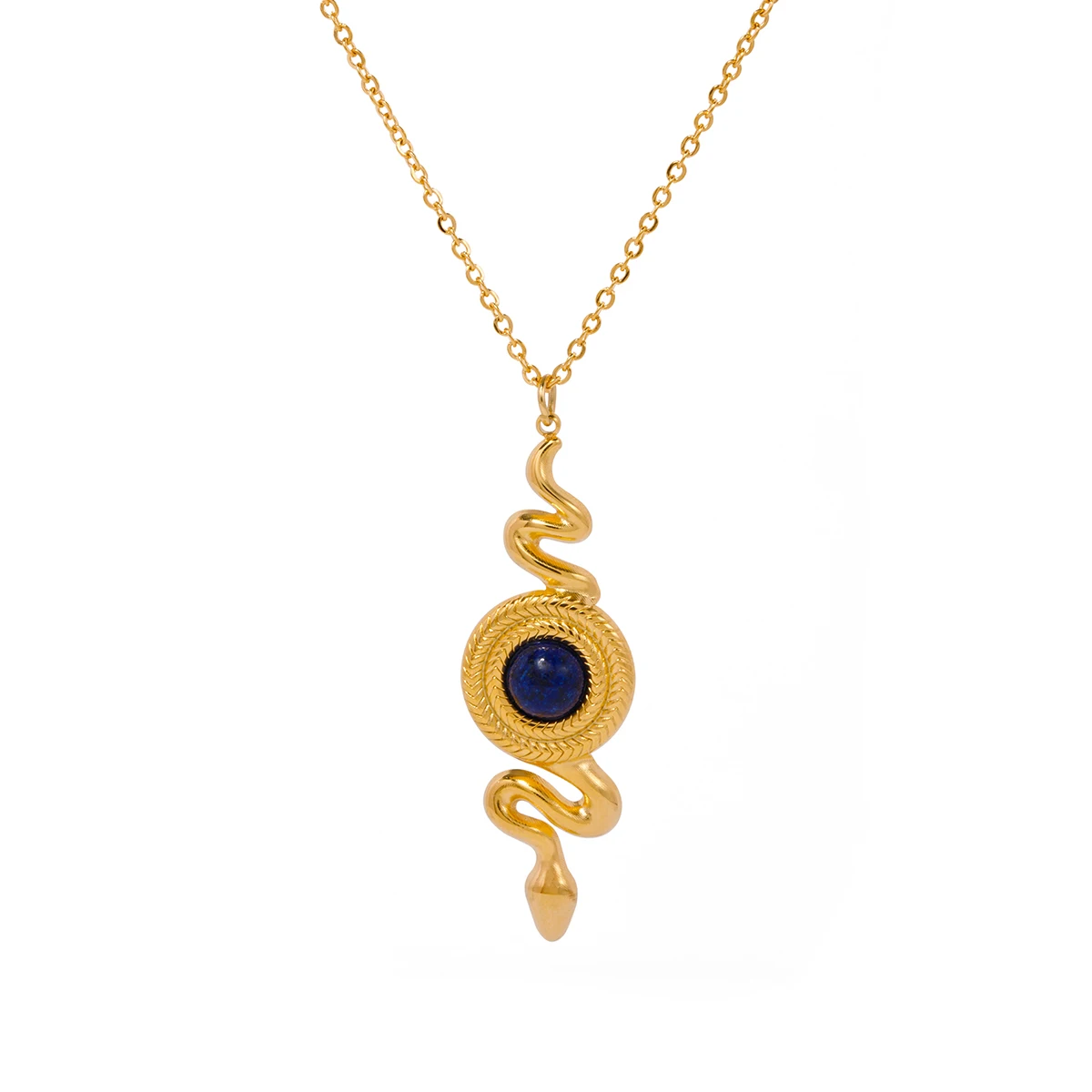 

J&D Jewelry 18K Gold Plated Stainless Steel Texture Lapis Stone Snake Pendant Necklace for Women