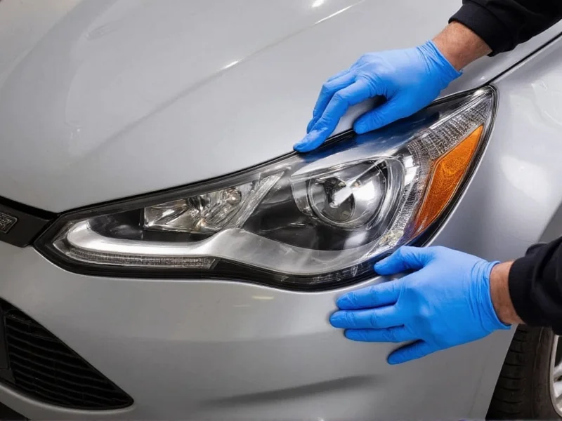 Hands applying UV sealant to restored car headlight