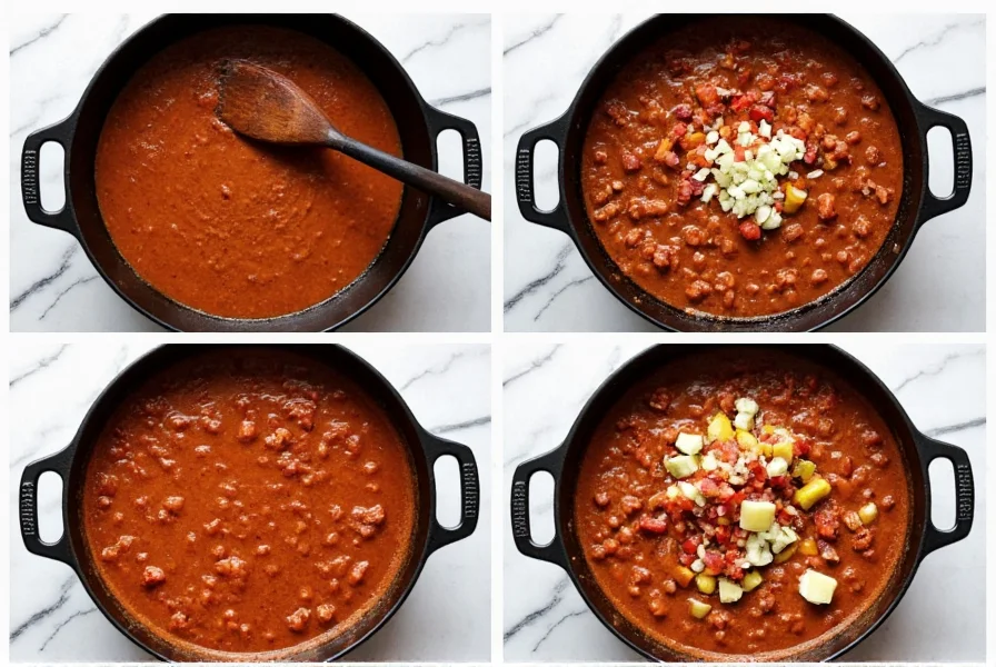 Step-by-step preparation of bison chili in cast iron pot with fresh ingredients