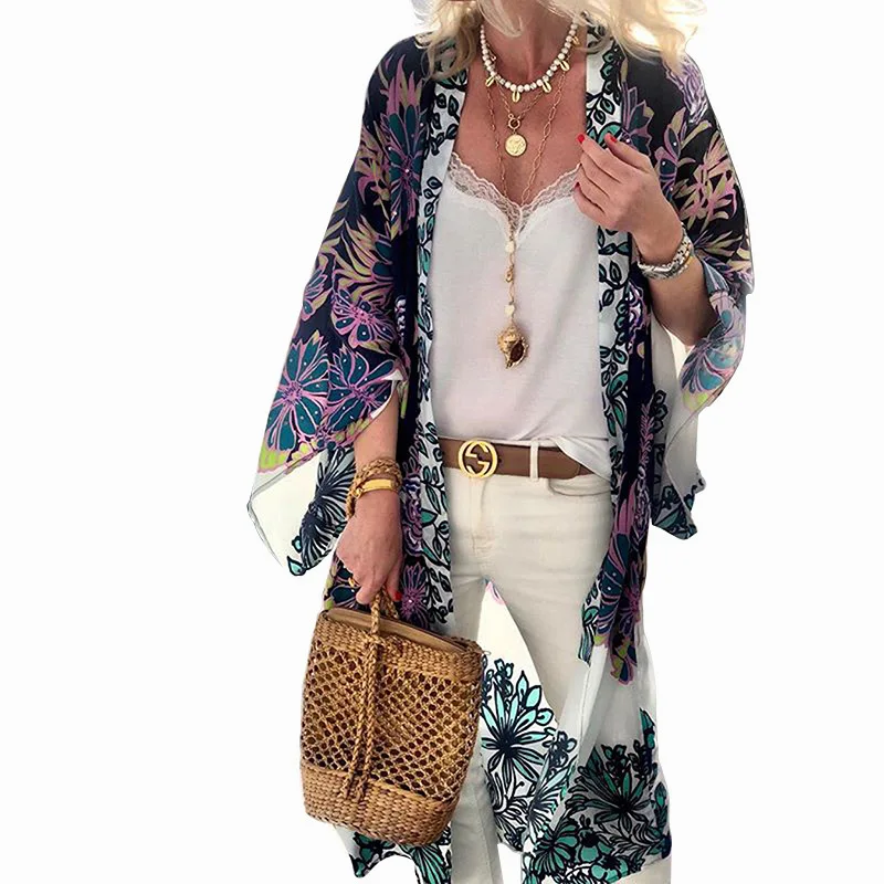 

2020 New arrivals summer fashion loose beach wear bohemian style floral printed women kaftans