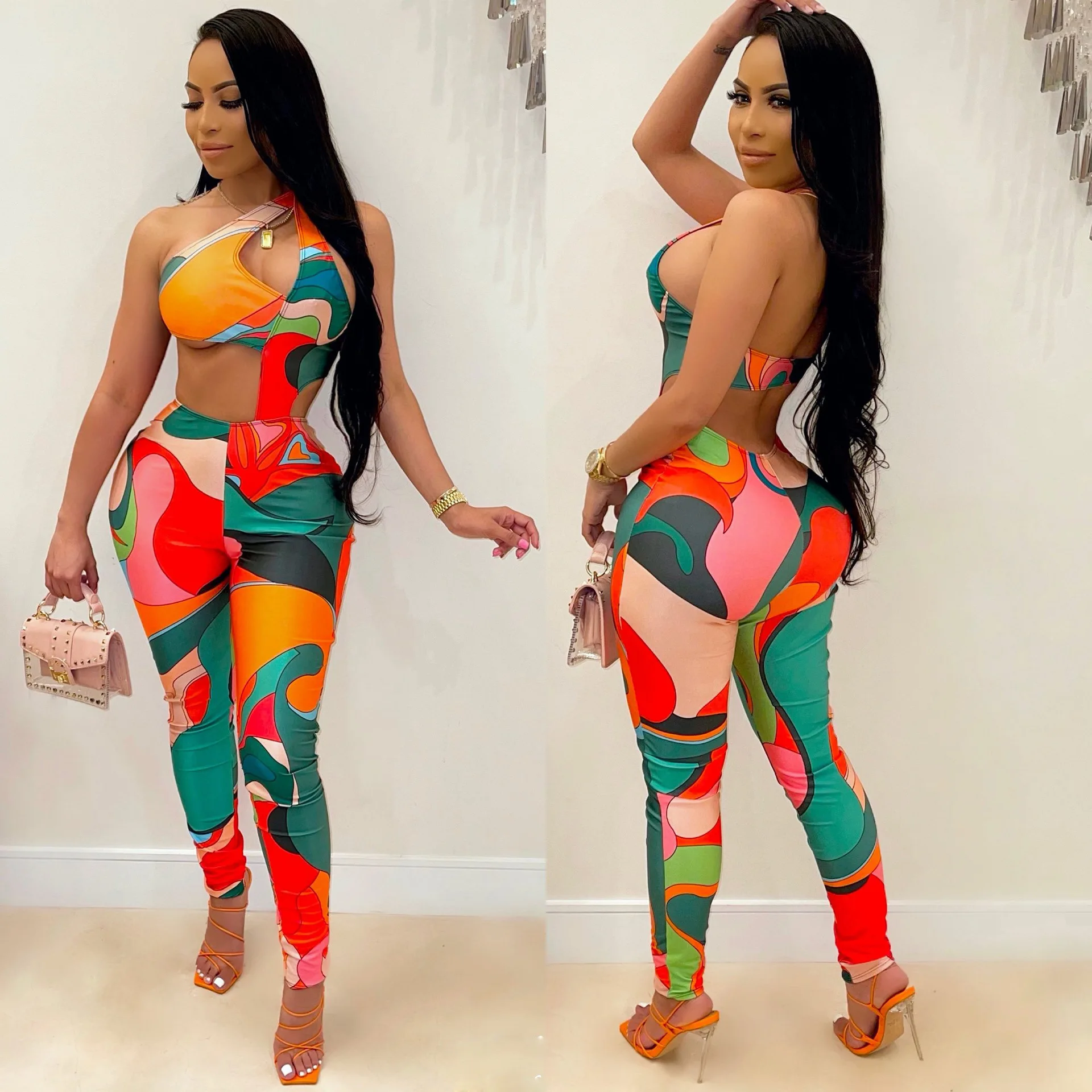 

2021 new Wish Amazon hot selling women sleeveless contrast color print high stretch sexy jumpsuit
