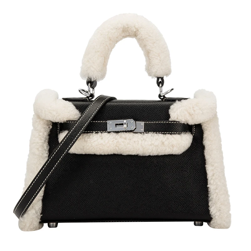 

Elegant Female Handbag PU Leather Woolen Tranding Bag Designer handbags Famous Brand for Women, Black, brown