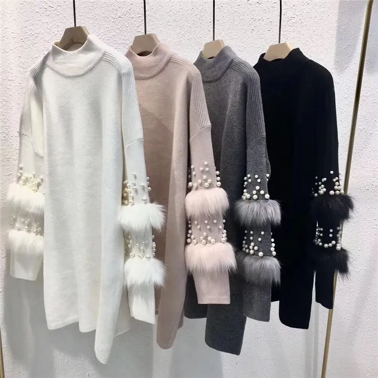 Faux Fur Embellished Long Sweater Long Sleeve Jumpers Pearls Turtleneck Pull Casual Pullovers Jersey Mujer Invierno