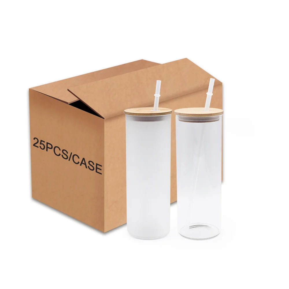

USA warehouse 25oz frosted clear glass tumbler sublimation straight wine cans with plastic straw and bamboo lid