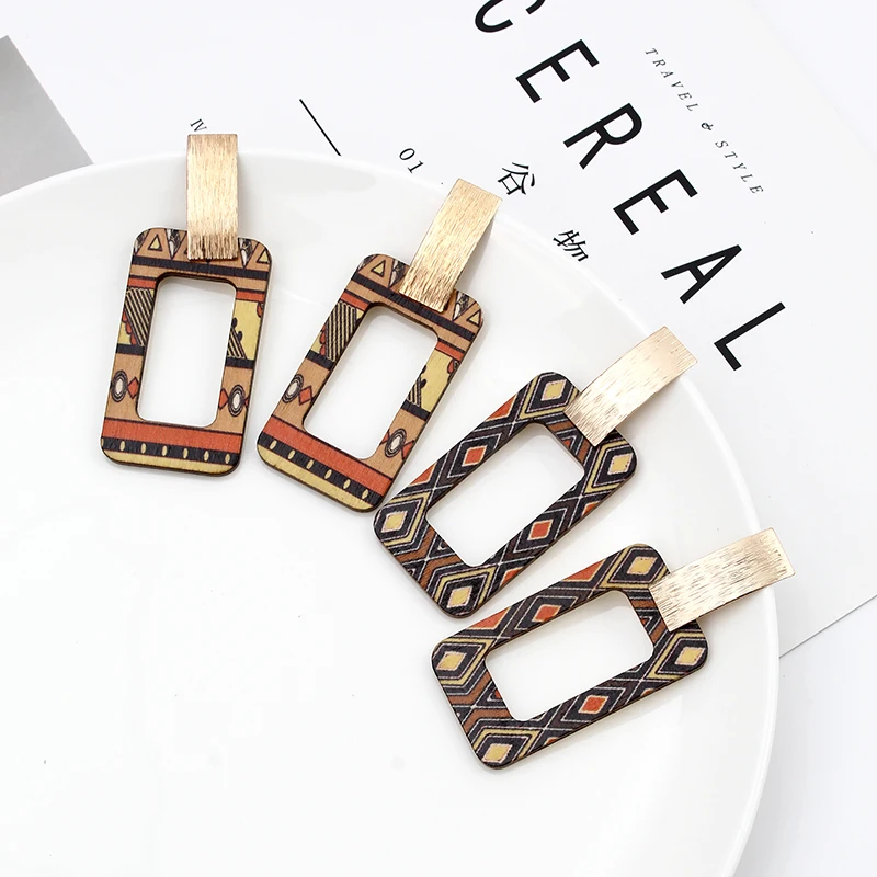 

2021 New design woman earrings handmade wood earring Square National style fashion Exaggerated geometry earrings, As picture show