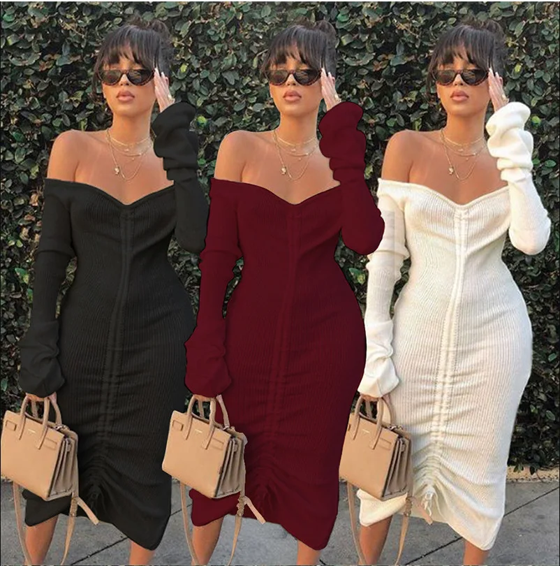 

20201 New Arrivals Casual Dress Women Clothing Party Club Ladies Clothes Strapless Plain Color Drawstring Knit Dresses