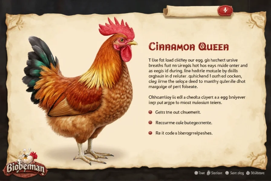 Cinnamon Queen chicken hen standing next to ruler showing size comparison with detailed feather coloring visible