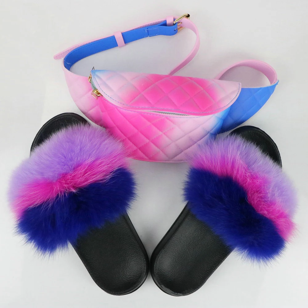 

Furry sandals cheap rainbow faux fox fur sandals wholesale silicone jelly purse and matching fur slides women fluffy slippers
