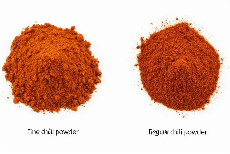 Side-by-side comparison of fine chili powder texture versus regular chili powder showing particle size difference