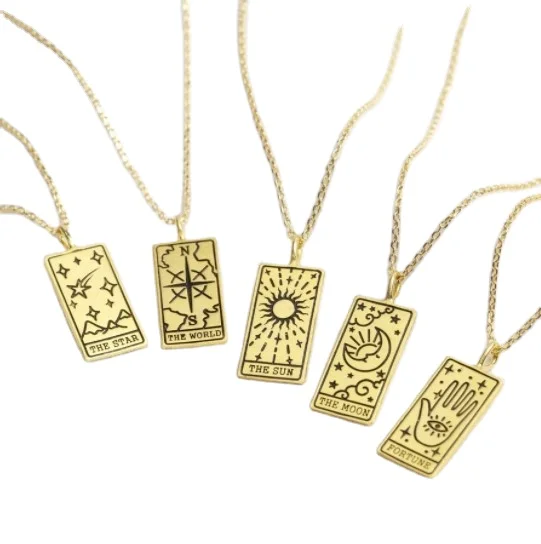 

New Arrival 18k Stainless Steel Gold Plated Zodiac Horoscope Tarot Card Necklace Cube Square Pendant Necklaces