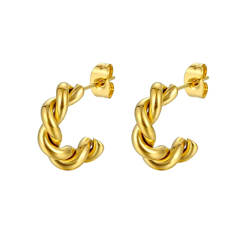 

Fashion Unique Hoop Earring Wholesale Custom Stainless Steel Jewelry 18K PVD Gold Plated Cute Rope twist stud earrings