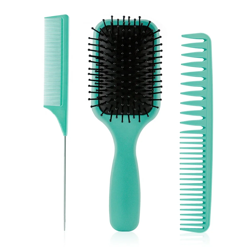 

3Pcs Green Hair brush Set for women men Soft Bristles Paddle Detangler Brush Rat Tail and Wide Teeth Comb kit for hair, Pink,black green ,purple