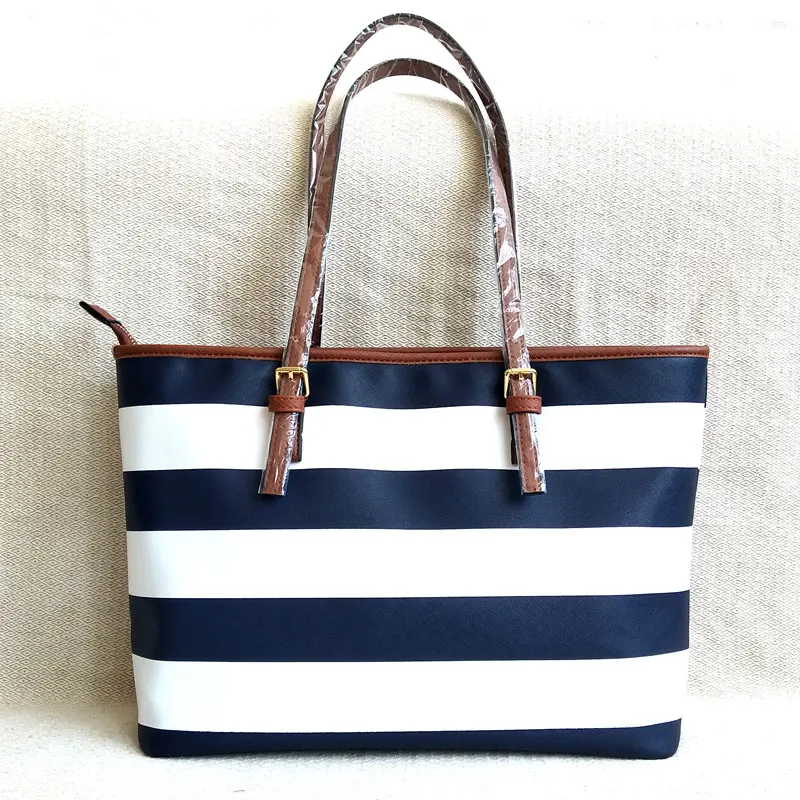 

Navy stripe ladies handbag PU leather shoulder bag ladies fashion big shopping bag, Picture