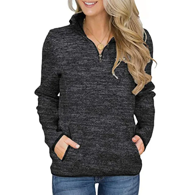 
Women Casual Long Sleeve Zippered cotton sweater Stand Collar Pullover Tunic Tops with Pockets muscle fit hoodies 