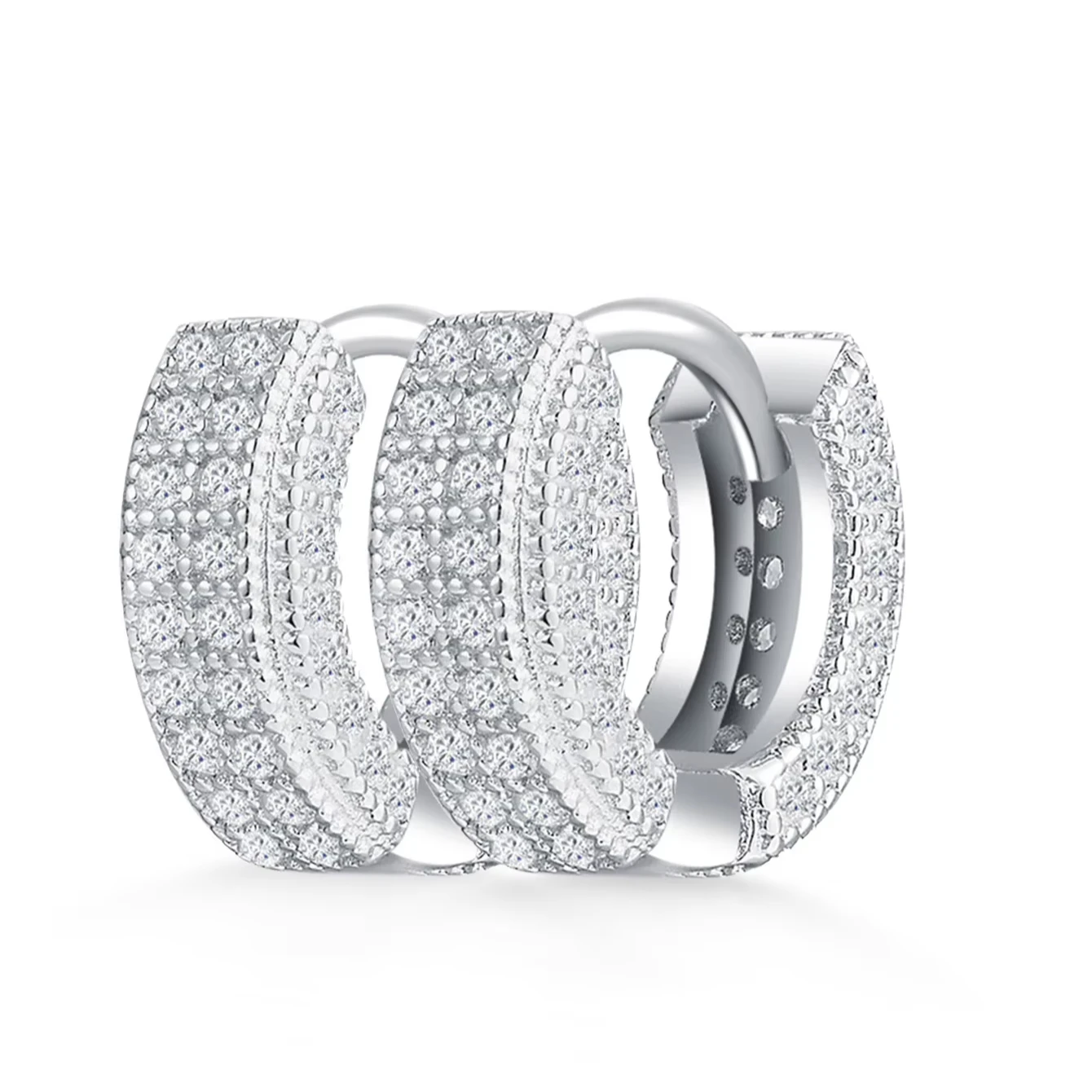 925 Sterling Silver D Color VVS 2 Row Moissanite Diamond Wide Huggie Hoop Earrings Fine Jewelry for Women-for Wedding Party Gift