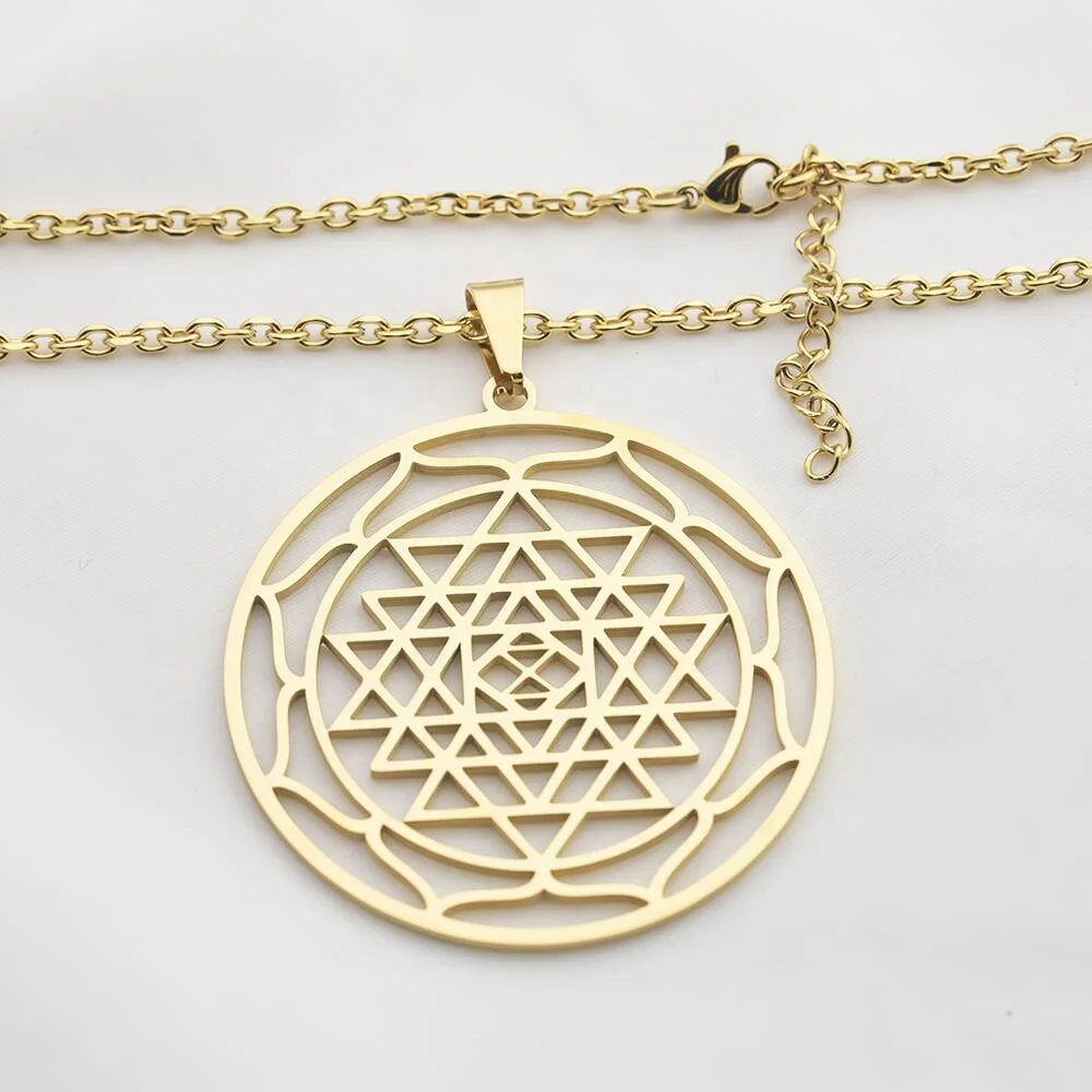 

Gold Plated Sri Yantra Pendant Necklace Stainless Steel Custom Personalized Hinduism Symbol Sri Chakra Sacred Geometry Necklace, Steel/gold/rose gold and other