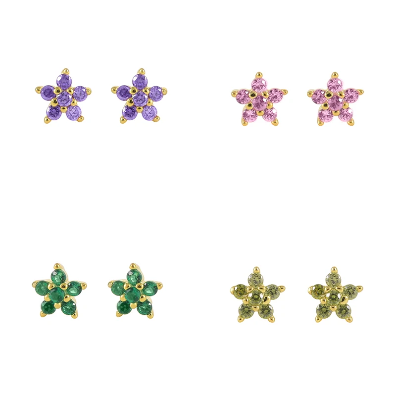 

fashion jewelry 925 sterling silver small earring colorful flower petals diamond 18K gold plated stud earrings women