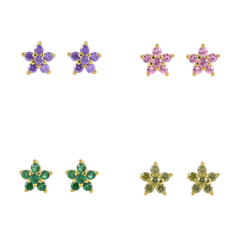 fashion jewelry 925 sterling silver small earring colorful flower petals diamond 18K gold plated stud earrings women