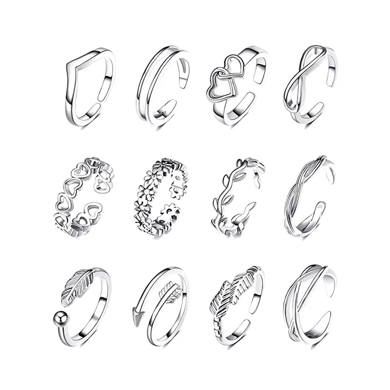 

Hot sales 12 adjustable rings women brass copper cobre studded flower patter flat sandals huge magnetic toe rings set