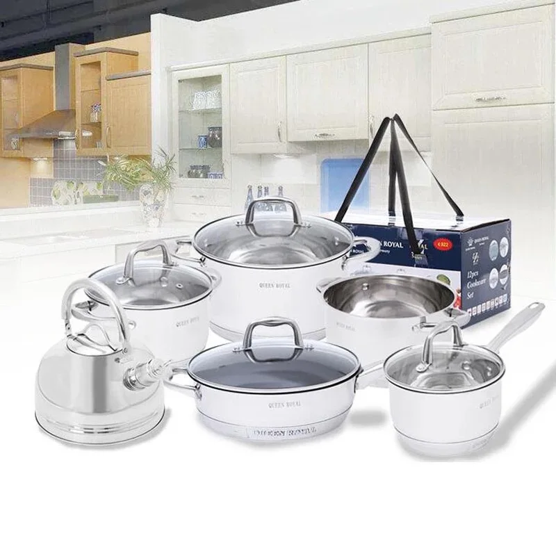 

Cooking Pots and Pans Cookware Sets 12 Pcs Stainless Steel with Glass Metal Surface Pcs Handle Feature Eco-friendly, Silver