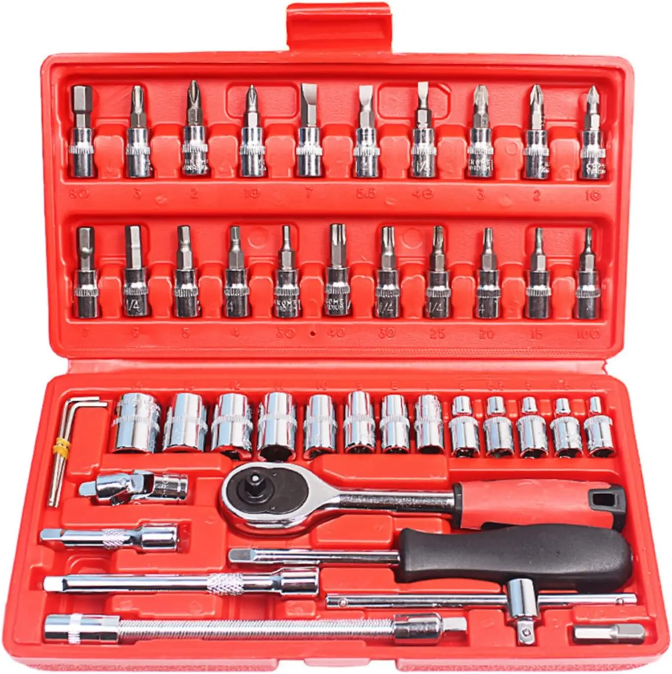 46-Piece Metric Socket Ratchet Wrench Bit Set 1/4-Inch Drive Carbon Steel Extension Rods Repair Kit Hard Case OEM Customizable