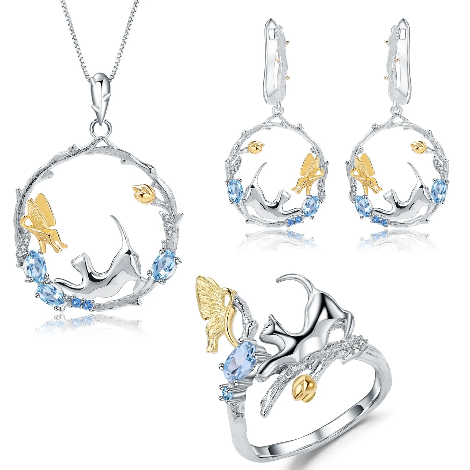 

Abiding 925 Sterling Silver Ring Earrings Pendant Sets Natural Blue Topaz Handmade Cat & Butterfly Women Party Jewelry Set