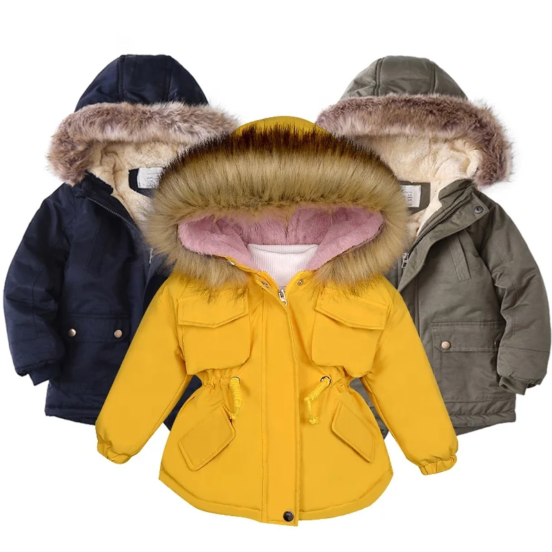 

Baby Girl Beige Jackets Add Fur Warm Toddler Children's Winter Girl's Cotton Padded Clothes Baby's Thickened Cotton Padded Coat