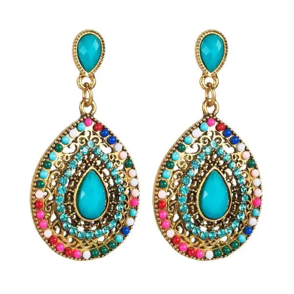 

Fashion Ethnic Bohemian Antique Gold Plated Tear Drop Earrings Retro Vintage Rhinestone Ear Stud Earrings Women Jewelry 2020, Golden