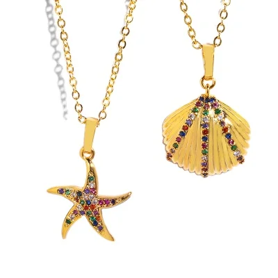 

Hot Selling Rainbow Cubic Zirconia Starfish Pendant Necklace Gold Plated Simple Colorfor CZ Crystal Shell Pendant Necklace