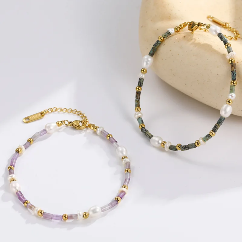 

Fashion Amethyst Freshwater Pearl Beads Stainless Steel Bracelet Adjustable Bracelet Jewelry