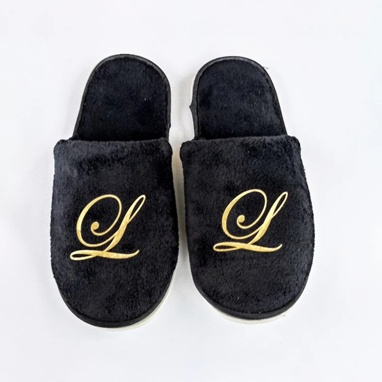 
5 star hotel bathroom 100 % biodegradable cheap black disposable coral fleece custom logo hotel slippers 