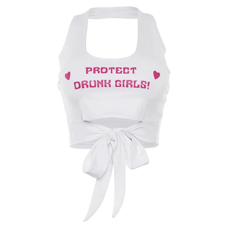 

women camis sexy party club fashion letter printing sleeveless femme crop tops white halter Summer Slim Camisole new, N/a