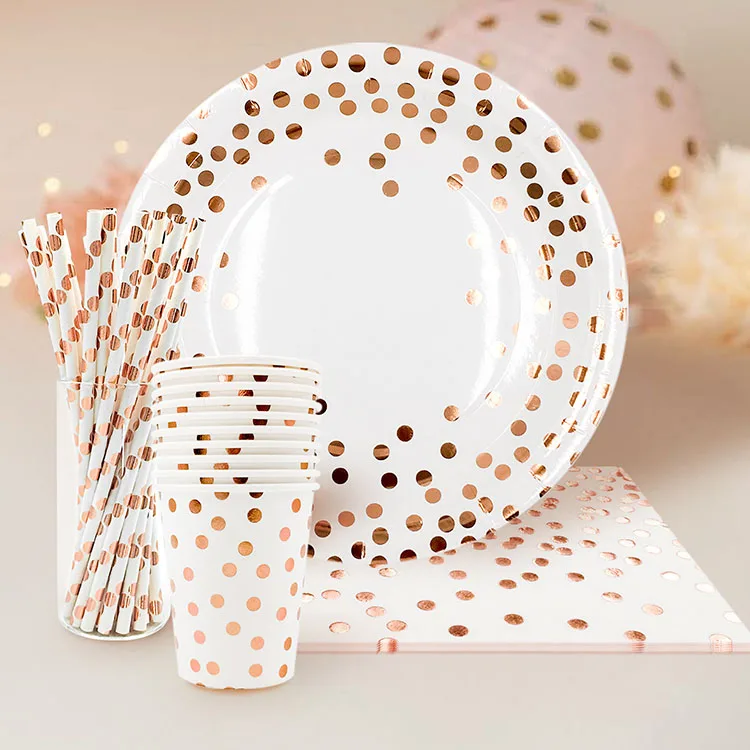 

Nicro 85Pcs Rose Gold Party Supplies Paper Plates Napkins Cups Rose Gold Paper cup tray straw for Birthday Party Decoration, Colors