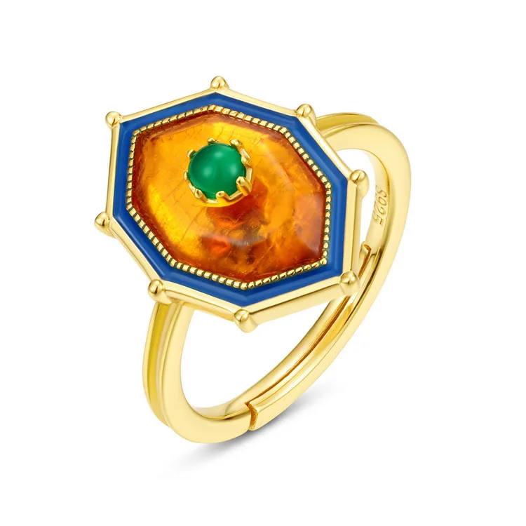

Gleaming Yellow Amber Gemstone Silver Rings 925 Sterling Silver Jewelry Rings With Green Agate, Picture