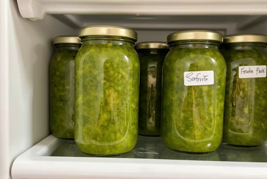 Glass jars containing vibrant green sofrito stored in refrigerator with proper labeling