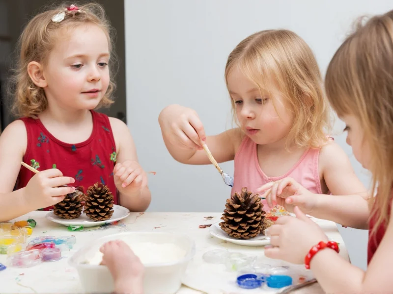 Children painting pinecones with non-toxic paints at craft table