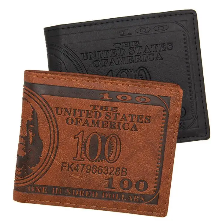 

2022 HOT Selling Vintage USD 100 Dollar Embossed PU Leather Men's Coin Purse Short Leather Wallet For Men, Black, brown